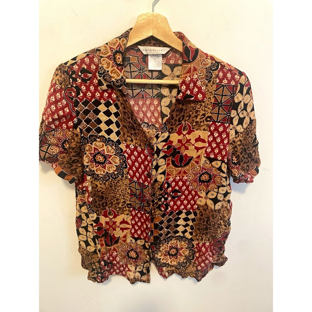 Napa Valley Women’s Size M Patchwork Button-Up Collared Short Sleeve Top